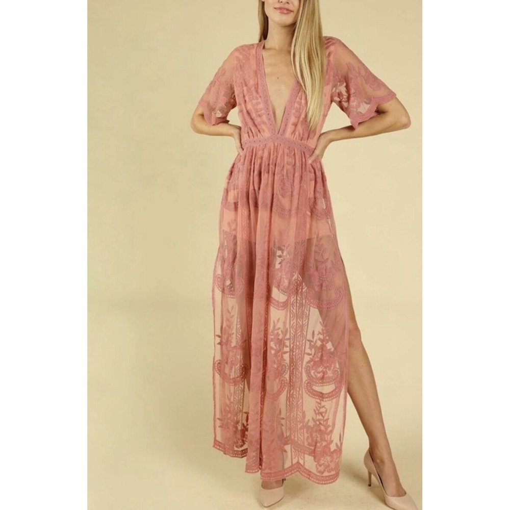 WILD HONEY AS YOU WISH WOMENS EMBROIDERED LACE MAXI DUSTY ROSE‎  size small